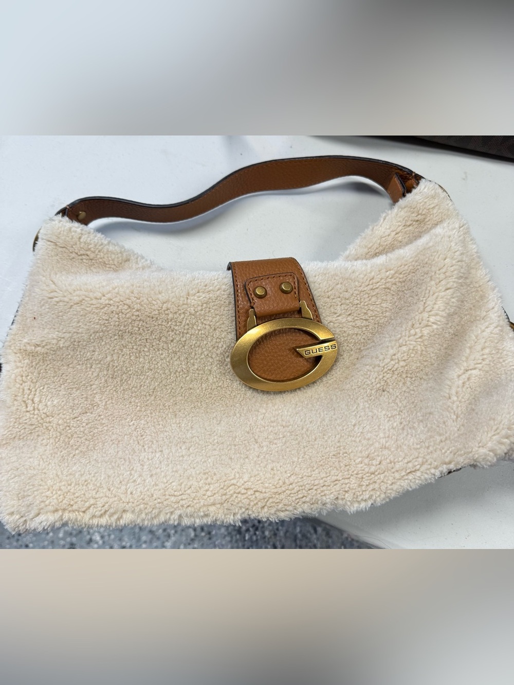 Guess Cream Faux-Shearling Shoulder Bag with Tan Leather Accents